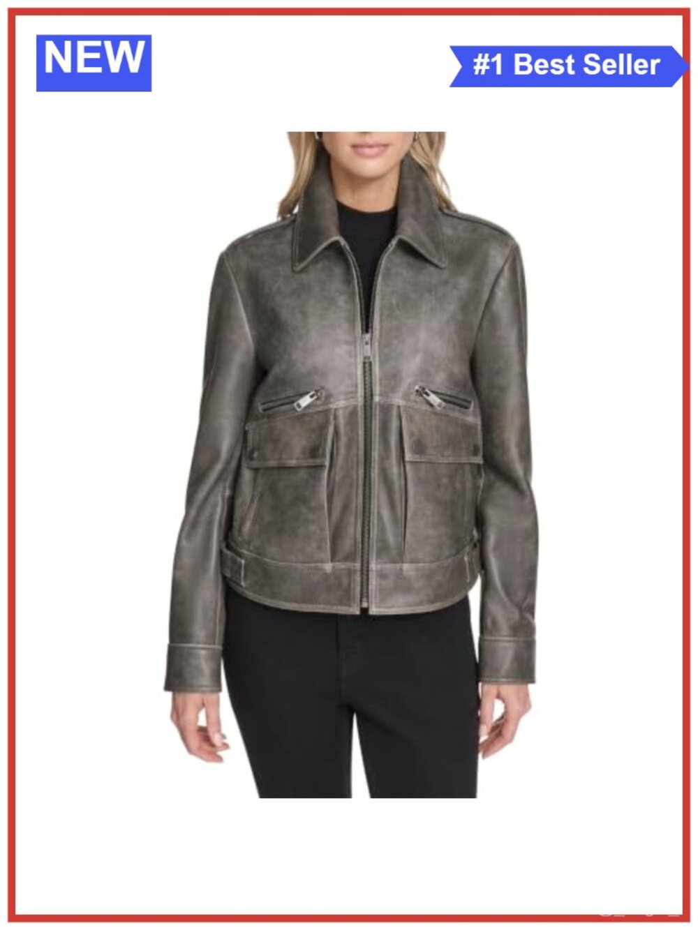 Aviator Leather Jacket Distressed Lamb Leather Snap Cuffs Zip Front